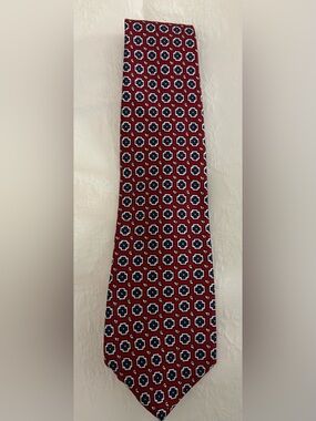 Men’s Polo by Ralph Lauren Red Geometric Silk Tie with Blue and White Accents